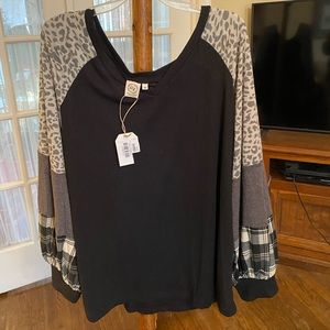 Grace and Emma Black Mixed print sleeve top with leopard, grey and plaid sleeves